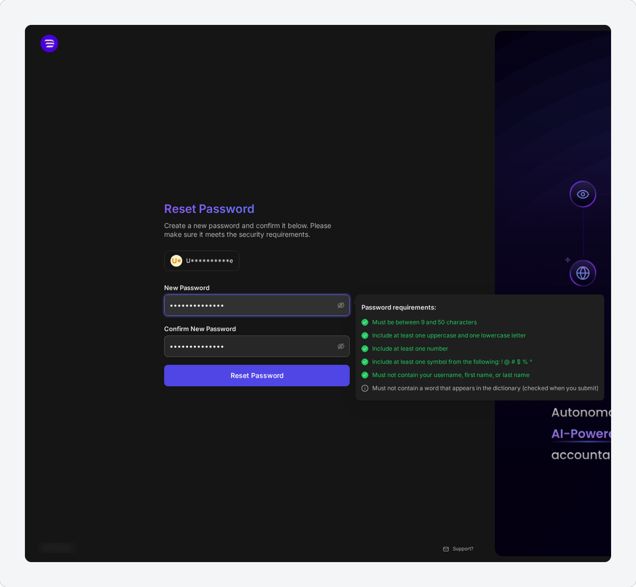 The Reset Password page with a masked username, New Password and Confirm New Password filled in, and the Password requirements panel showing every rule met
