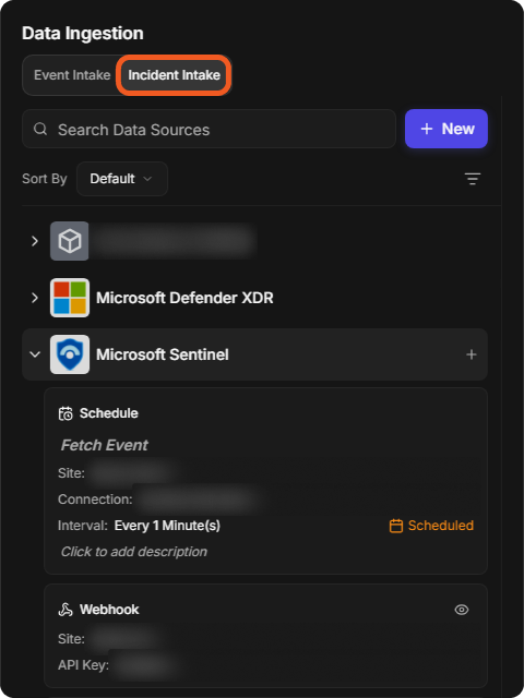 Data Ingestion on the Incident Intake tab with Microsoft Sentinel expanded, listing a Schedule and Webhook ingestion methods