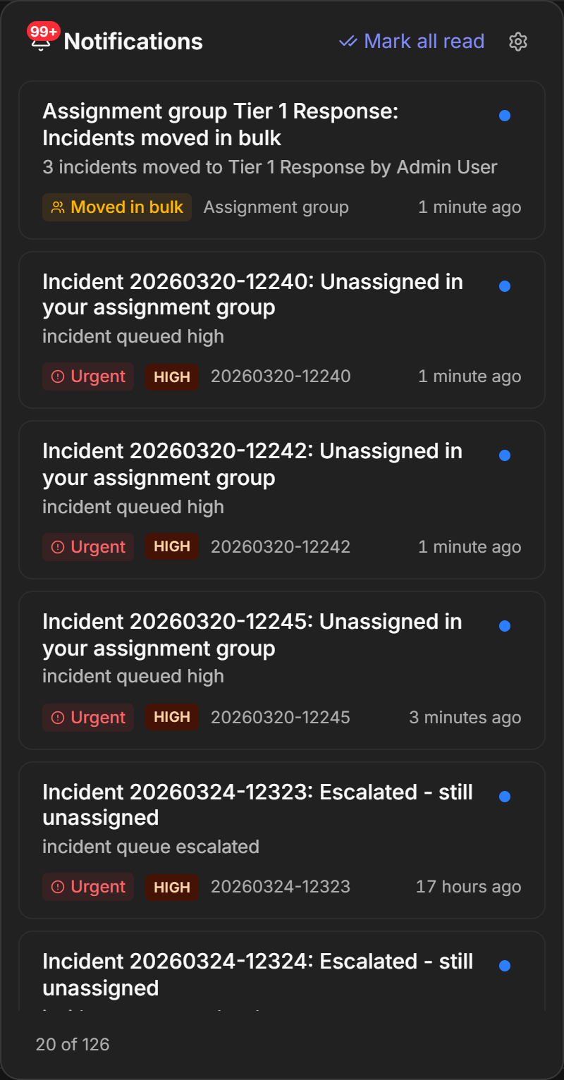 Queue alert entries in the notification bell, labelled In your queue, Still unassigned and Escalated