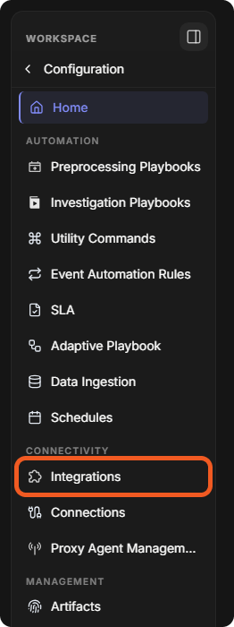 The Configuration sidebar with Integrations under CONNECTIVITY