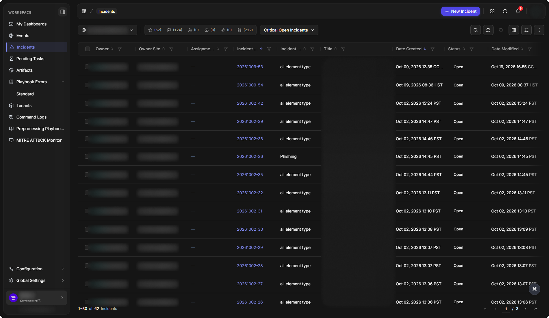 The Incidents list on a custom view, its name shown in the view menu at the top