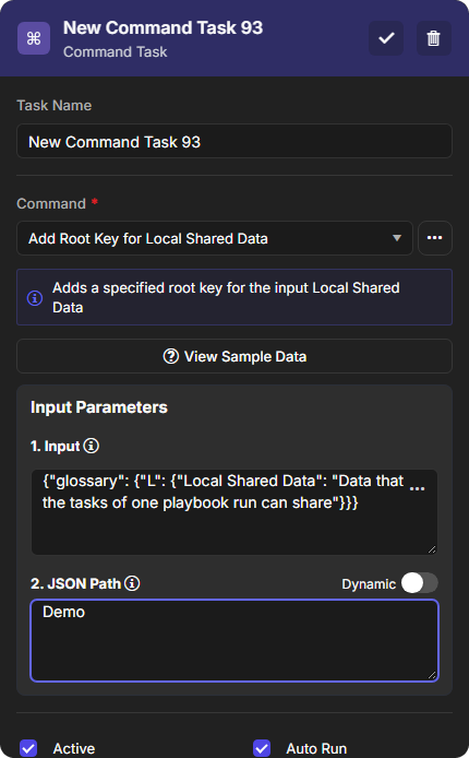 The command task running Add Root Key for Local Shared Data, with the JSON input and Demo as the JSON Path