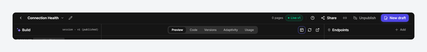 The top bar of a published app, showing the live status and the New draft, Unpublish and Share controls