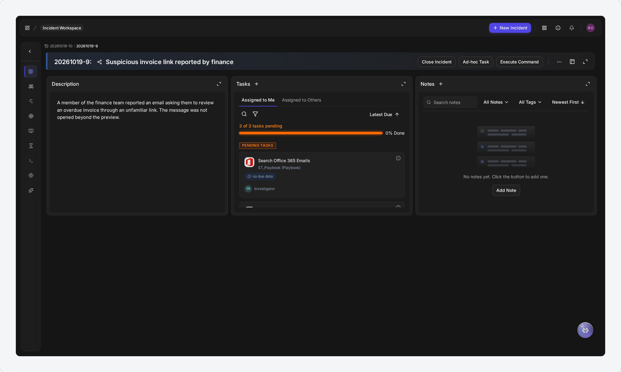 A Low severity incident showing only three panels, Description, Tasks and Notes, in a single row, with the rest of the page empty because the panels with nothing to show are hidden