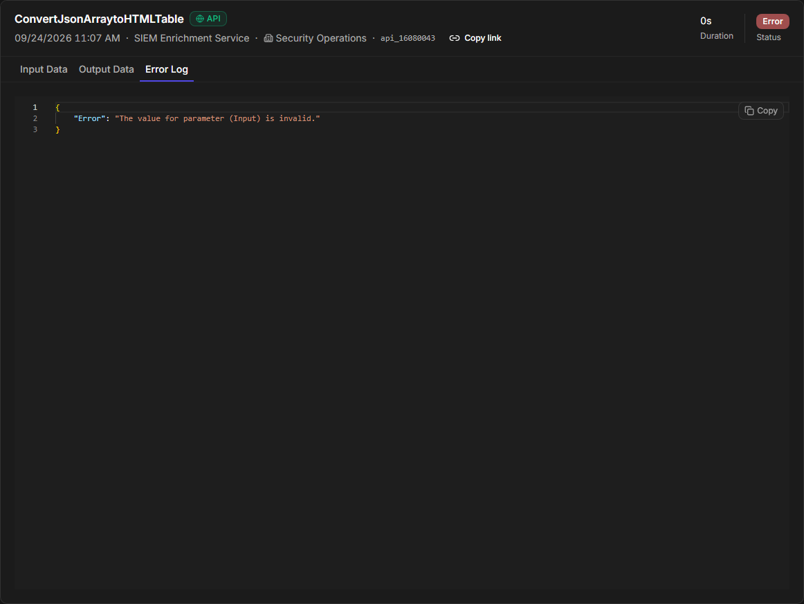 A failed API run's Error Log tab reporting that the value for the Input parameter is invalid