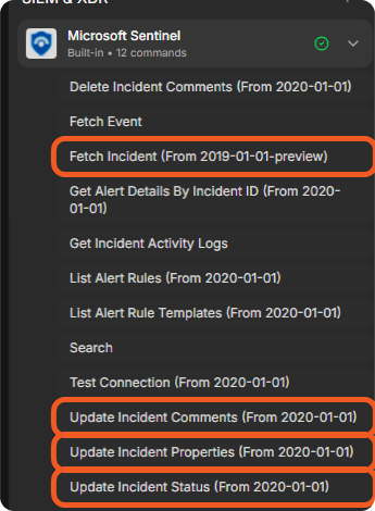 The commands of the Microsoft Sentinel integration, with Fetch Incident, Update Incident Comments, Update Incident Properties and Update Incident Status marked
