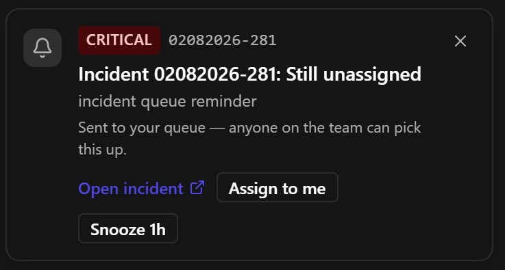 A queue alert pop-up card showing the severity, incident number, the Sent to your queue line and its four actions