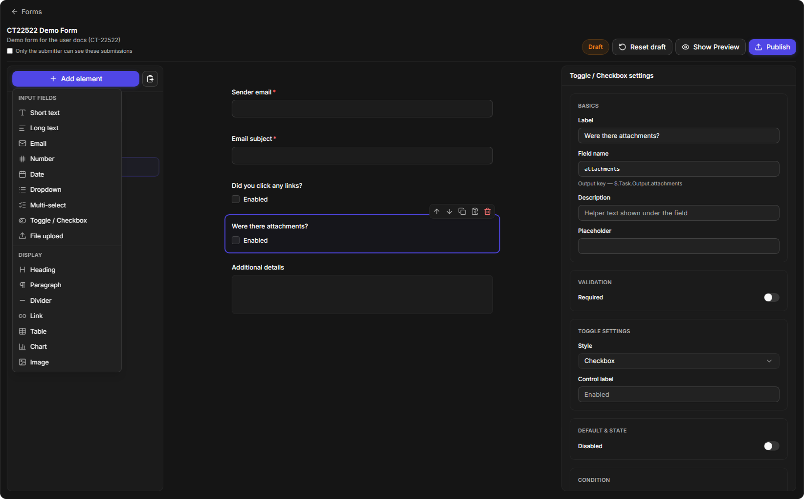 The Add element menu, with input fields and display elements