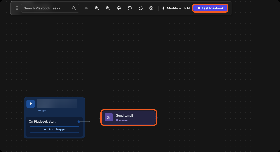 The playbook canvas with the Send Email task connected to On Playbook Start, and the Test Playbook button in the toolbar