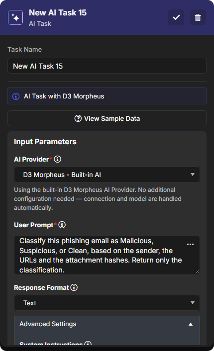 AI task panel with D3 Morpheus - Built-in AI selected, a user prompt and the Text response format