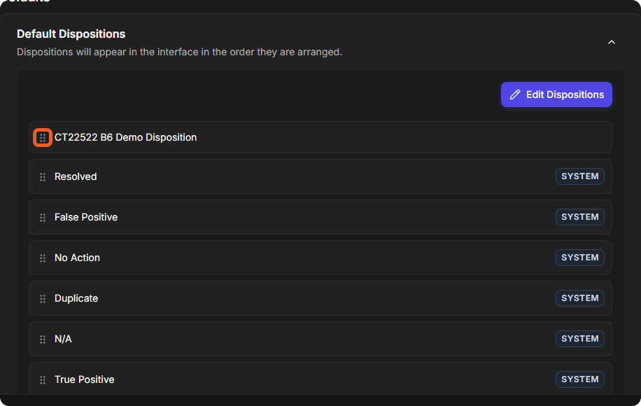 The Default Dispositions panel with a custom disposition added at the top and its drag handle highlighted