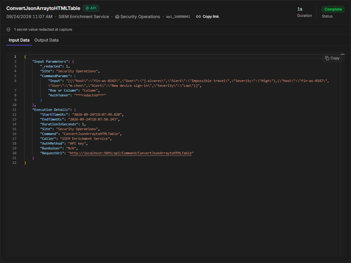 An API run's Input Data tab with the note 1 secret value redacted at capture, and the AuthToken parameter stored as redacted
