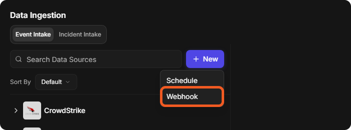 The New menu on the Data Ingestion page with Schedule and Webhook