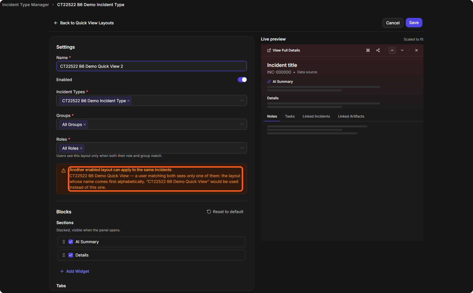 The layout editor with the Settings card, an overlap warning, the Blocks card and the Live preview
