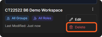 The menu of a workspace card with Edit and Delete, Delete highlighted