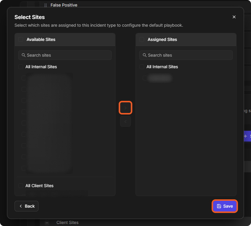 The Select Sites window with one site moved to Assigned Sites, and the arrow and Save buttons highlighted