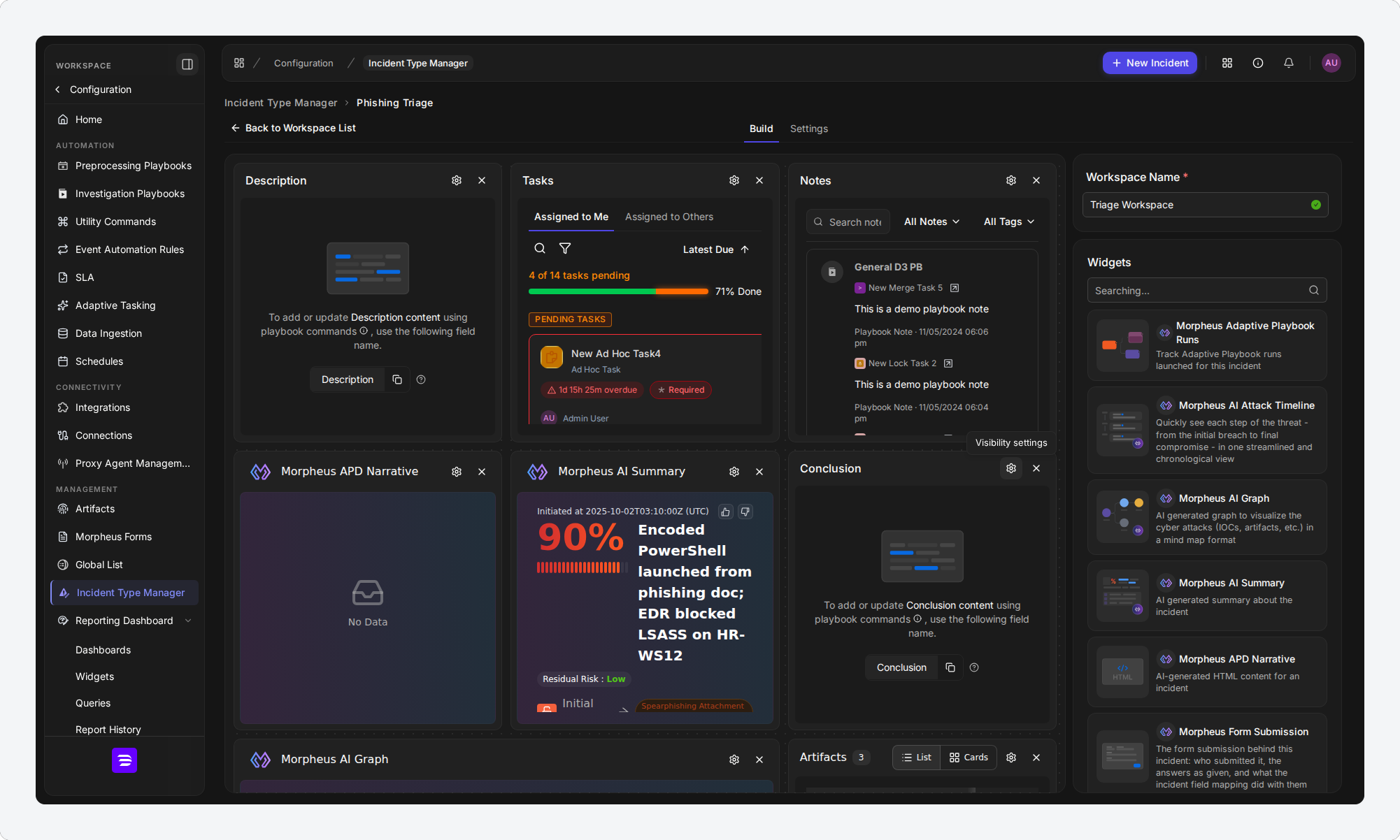The workspace builder with the pointer over the gear icon in the Conclusion widget's header, showing the Visibility settings tooltip