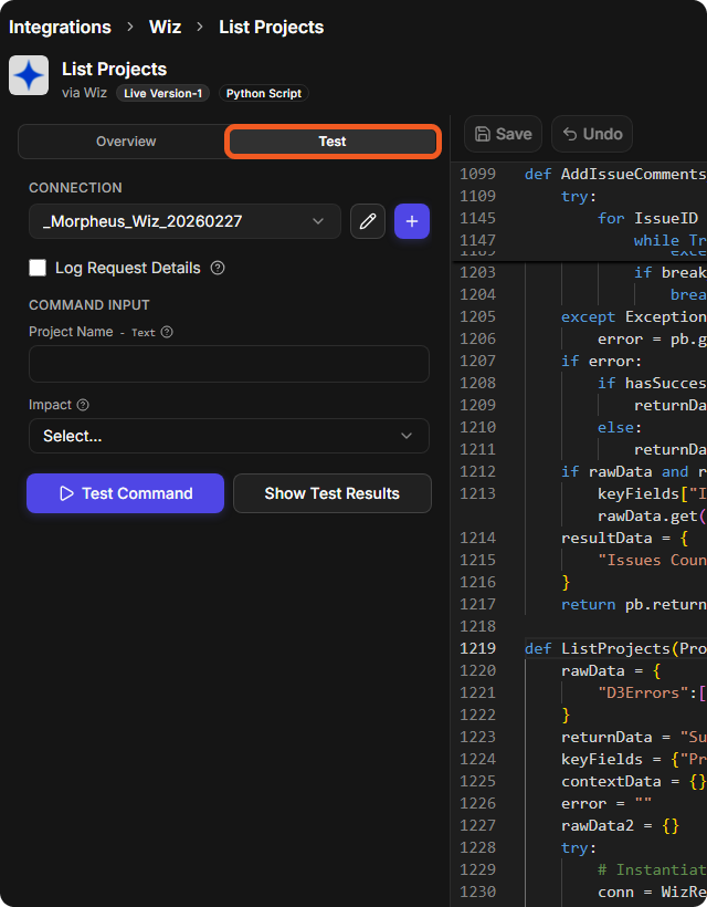The List Projects command on its Test tab, with the Connection, Log Request Details, the command inputs and the Test Command button
