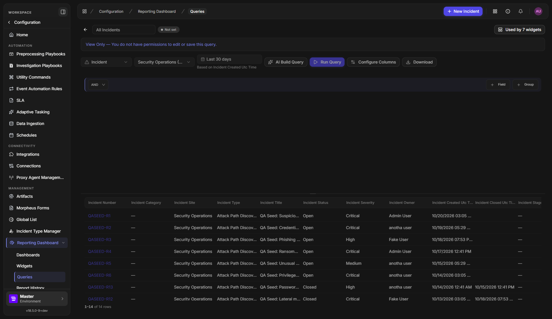 A built-in query opened read-only with the View Only banner above the editor