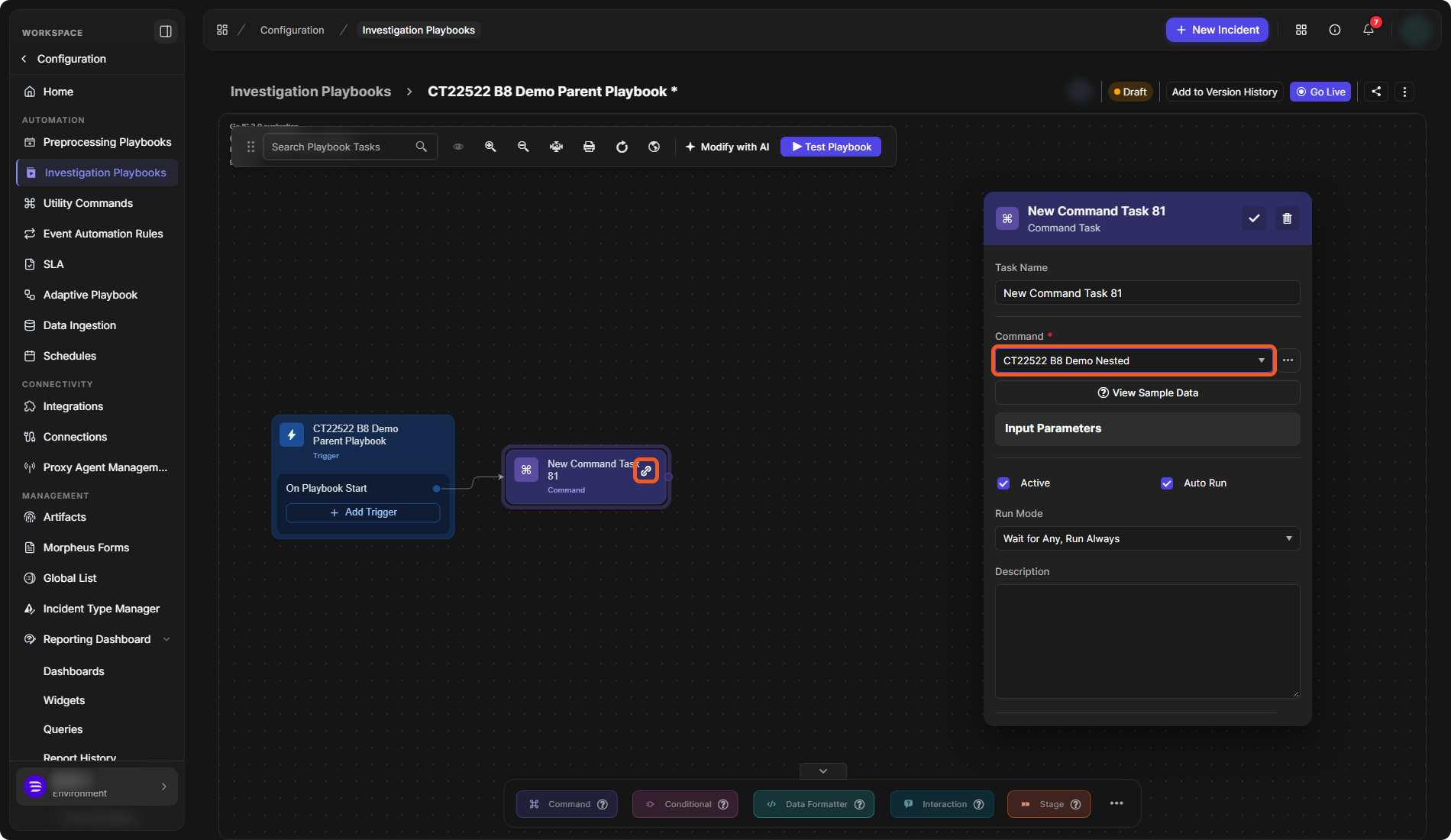 A parent investigation playbook with a command task that runs the nested playbook; the Command field shows the nested command and the task node has a link icon