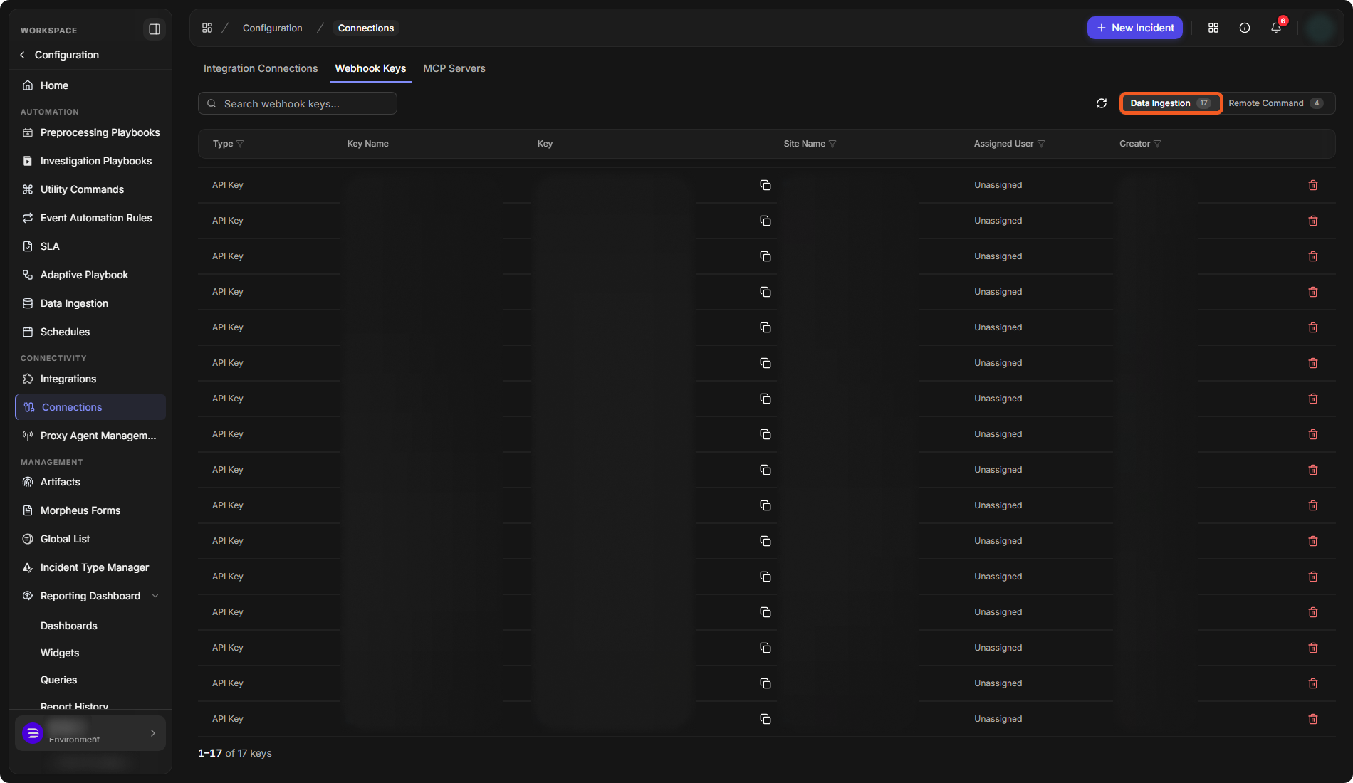 The Webhook Keys tab on its Data Ingestion view, with Type, Key Name, Key, Site Name, Assigned User and Creator columns; names, keys and sites are blurred