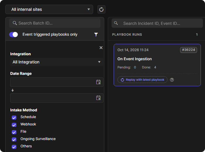 The batch filter open with Integration, Date Range and the Intake Method check boxes