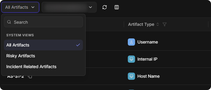 The artifact view list with All Artifacts, Risky Artifacts and Incident Related Artifacts