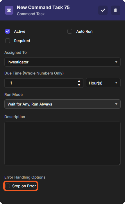 The settings of a new command task with the Stop on Error checkbox