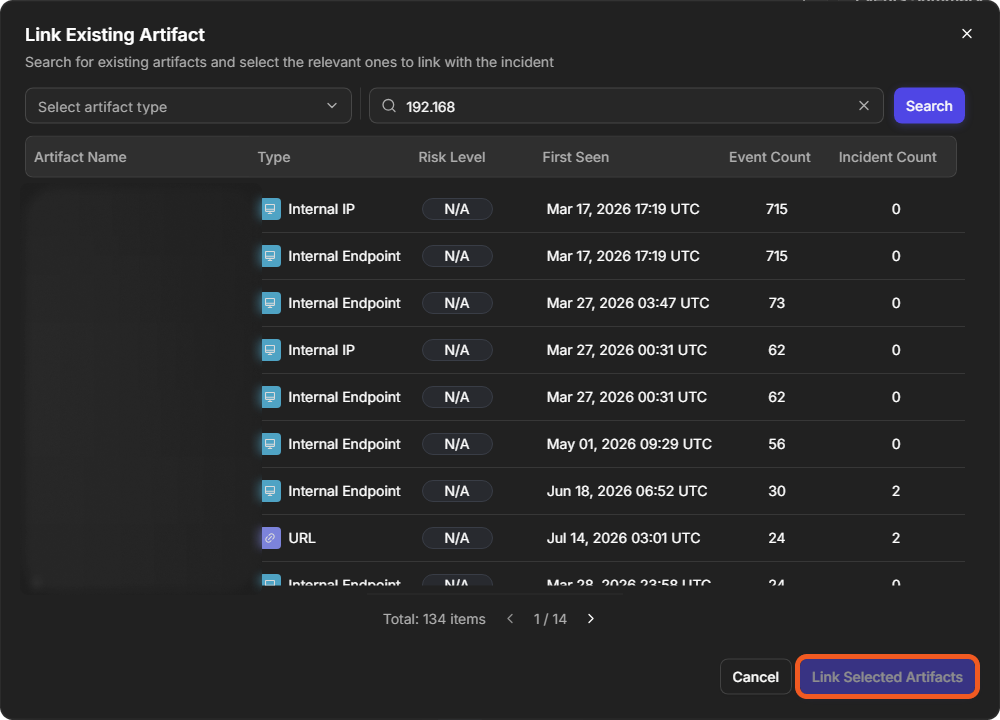 Search results for 192.168 listing matching artifacts with their type, risk level, first seen date and counts