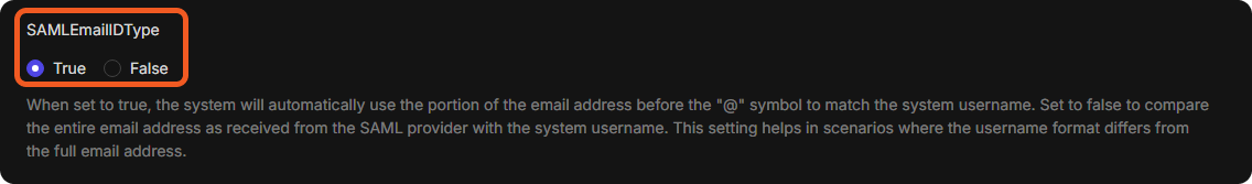 The SAMLEmailIDType key in Web Config with its True and False options and its description