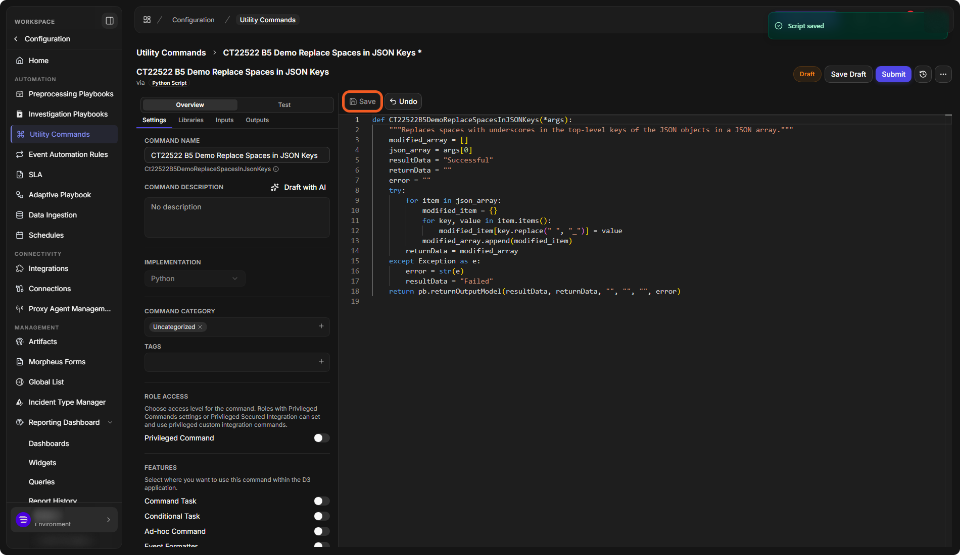The command's page with the new code in the editor and the Save button above it