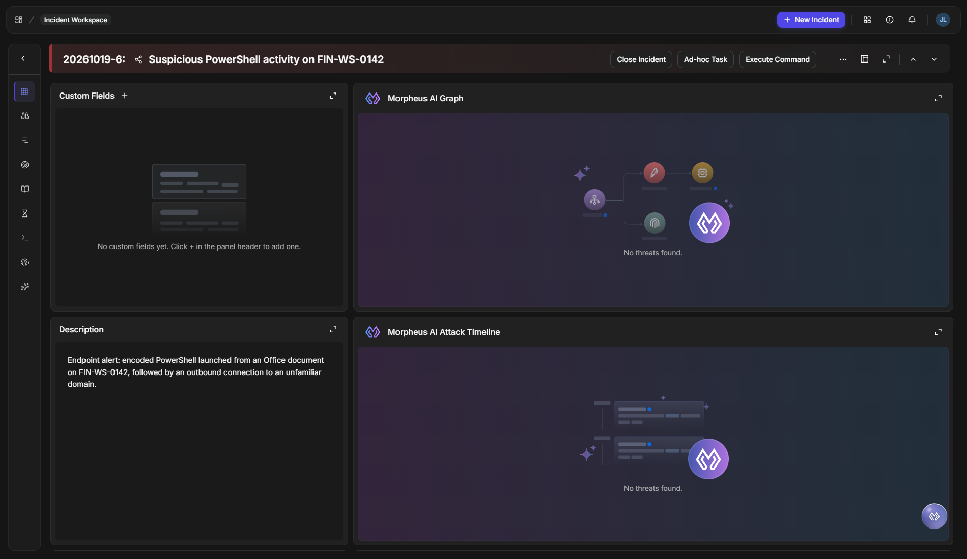 The Incident Workspace with the Morpheus AI Graph card showing its illustration and the message No threats found
