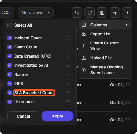 The Columns list from the more menu of the Incidents list, with SLA Breached Count ticked