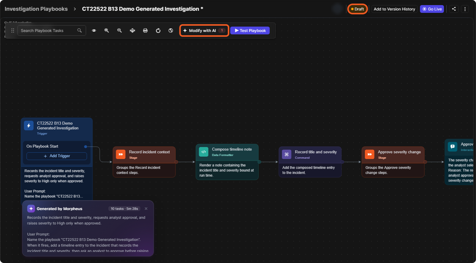 A generated investigation playbook open in the editor as a Draft, with the Generated by Morpheus summary, its tasks on the canvas, and Modify with AI in the toolbar