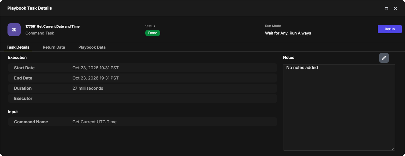 Playbook Task Details of the Get Current Date and Time command task