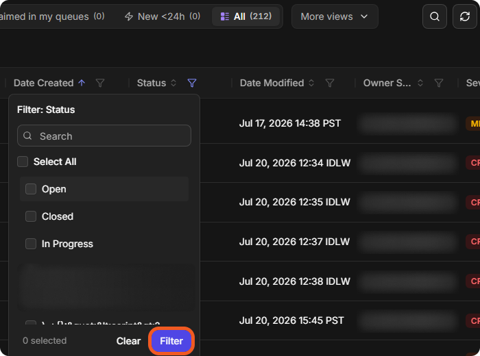 The Status column filter with Open ticked, and Clear and Filter at the bottom
