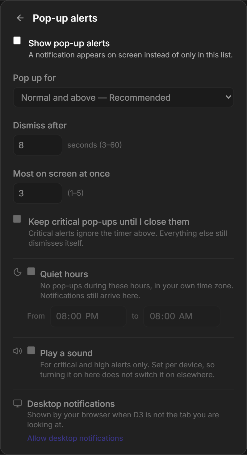 The Pop-up alerts settings panel with every setting visible