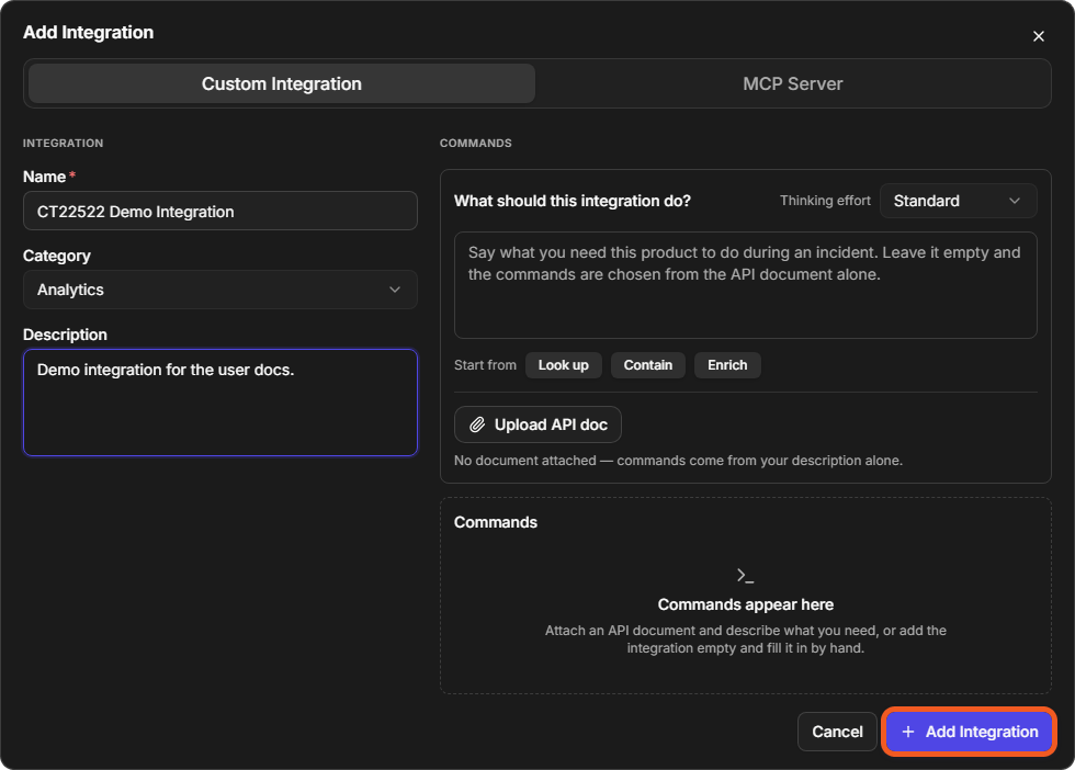 The Add Integration window on the Custom Integration tab, with Name, Category and Description filled in and the Add Integration button