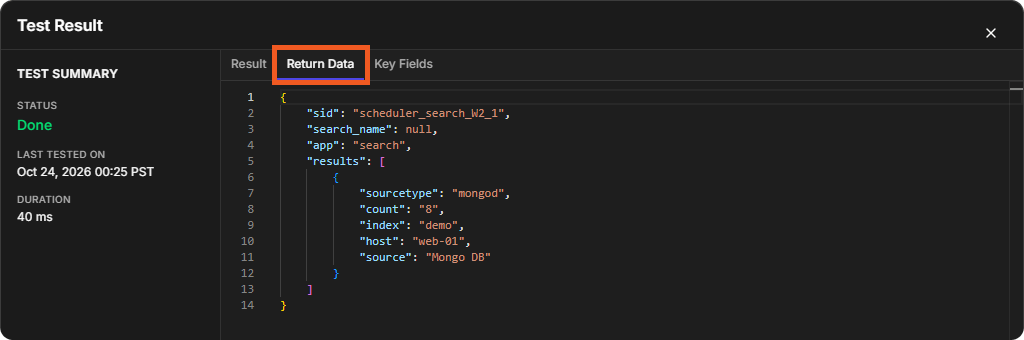 The Test Result window on the Return Data tab, showing the data with a results list instead of the result object