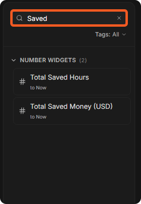 The widget panel searched for Saved, listing Total Saved Hours and Total Saved Money (USD) under Number Widgets