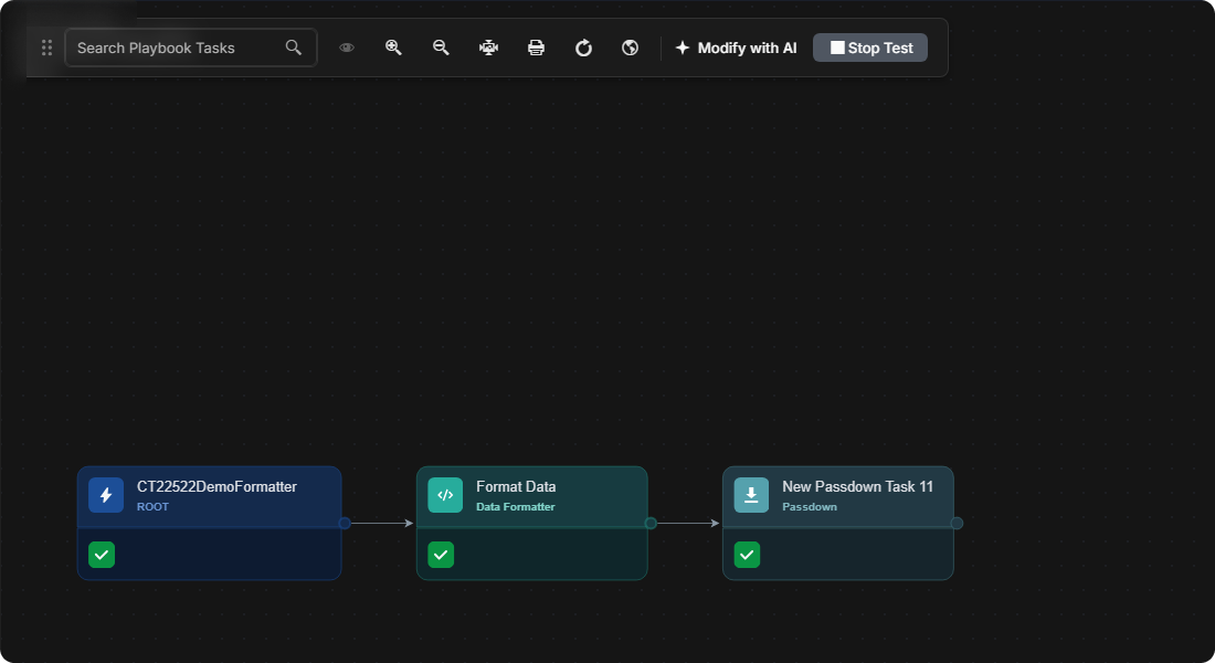 The ROOT, Format Data and Passdown tasks on the canvas, each with a green check mark, and Stop Test in the toolbar