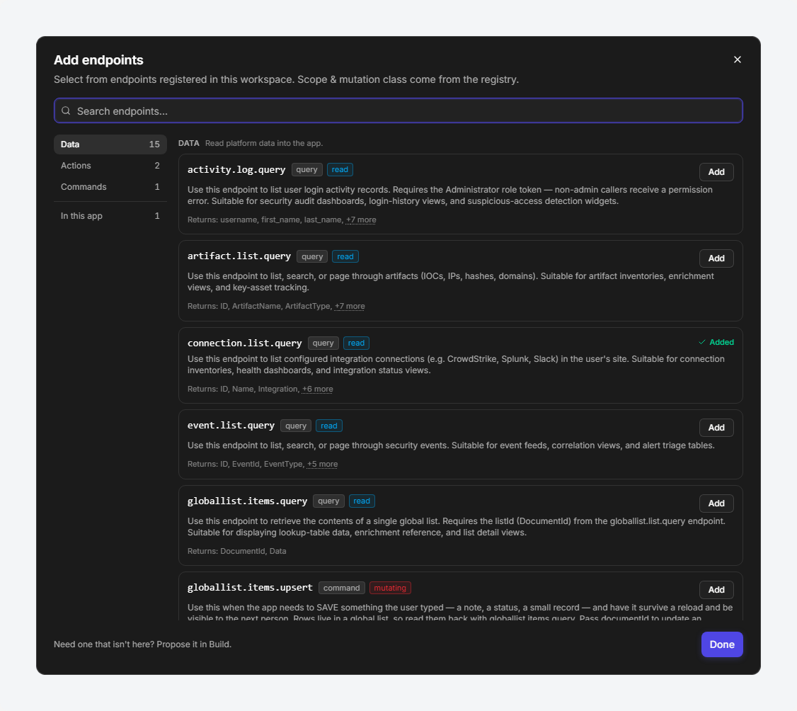 The Add endpoints dialog, grouped into Data, Actions and Commands, each entry showing what it returns