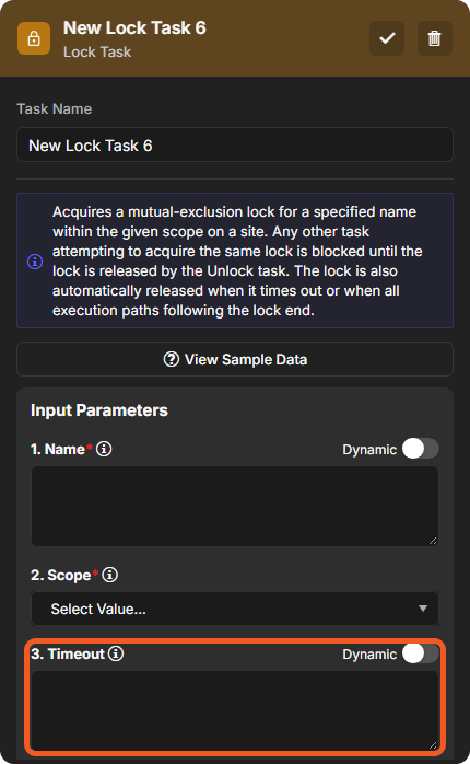 A Lock task's Input Parameters with the Timeout field