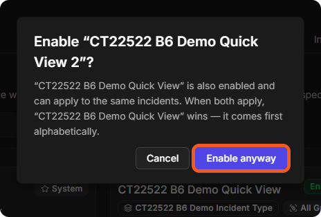 The window for enabling a layout that competes with another, with Cancel and Enable anyway