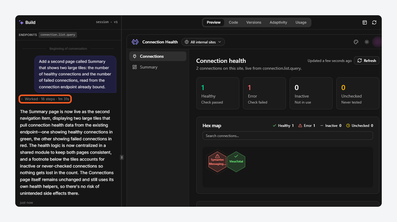 A build request in the chat, the folded step summary Morpheus worked through, and the rebuilt preview