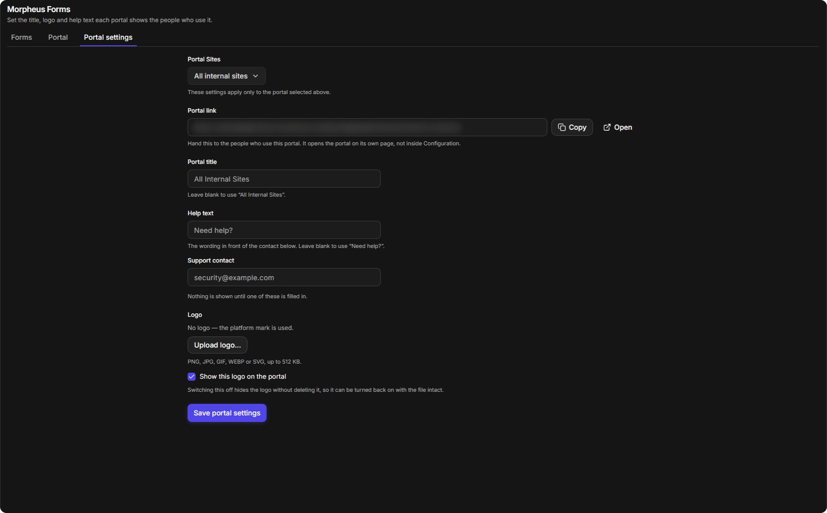 The Portal settings tab with Portal Sites, the Portal link with Copy and Open, Portal title, Help text, Support contact and Logo