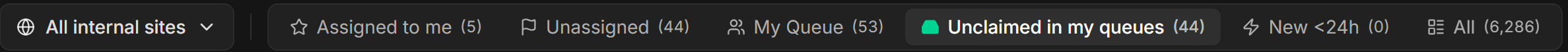 The incident list view bar with Unclaimed in my queues selected and its count shown