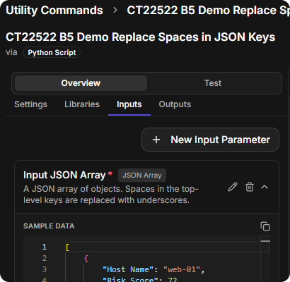 The Inputs tab listing Input JSON Array with its JSON Array type, description and sample data
