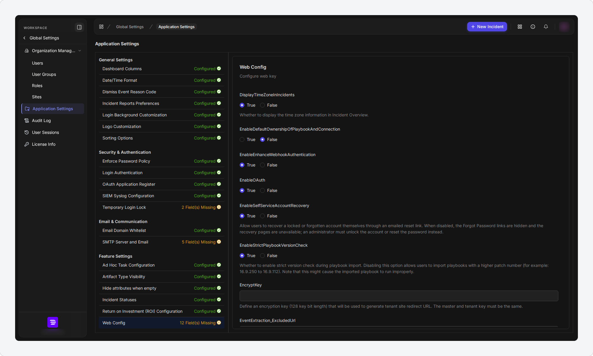Application Settings with Web Config selected and the EnableSelfServiceAccountRecovery setting set to True, with its description beneath it