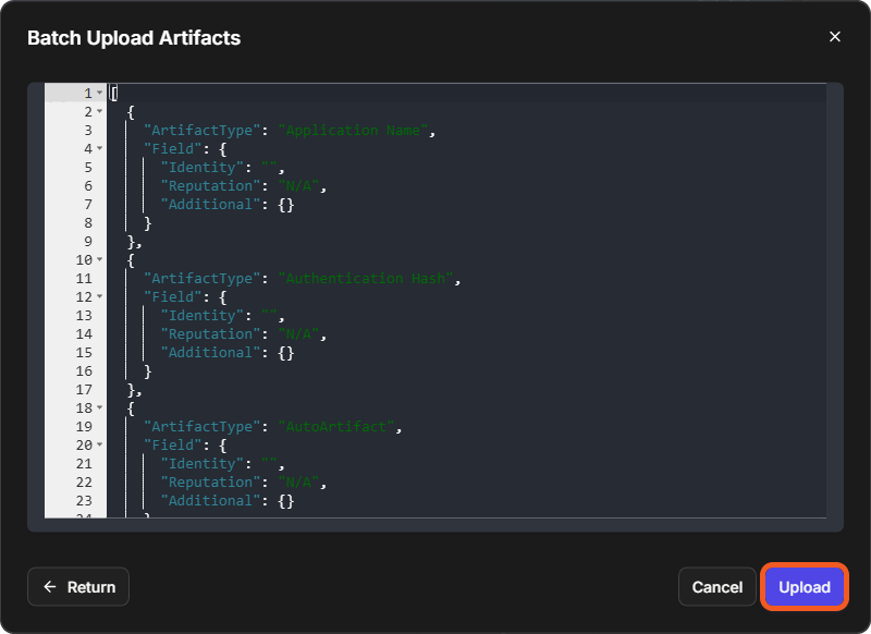 The Batch Upload Artifacts window with a JSON template listing one object per artifact type